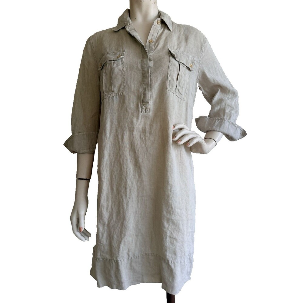 TOMMY BAHAMA Relax Linen Womens Dress SMALL Khaki Tan Camp Knee Length Resort